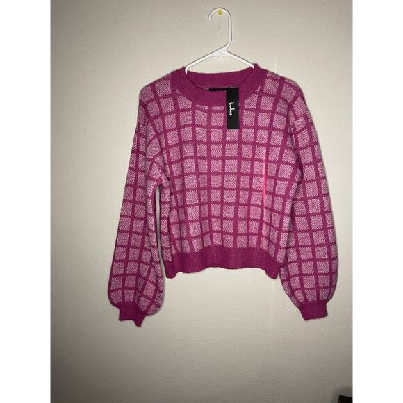 Lulus Womens Pink Sweater NWT Check Yes Magenta Grid Pattern Sweater Small - Picture 3 of 7